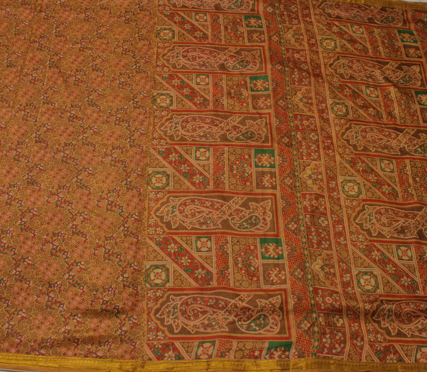Sushila Vintage Brown Saree 100% Pure Silk Printed Floral Soft Sari Craft Fabric