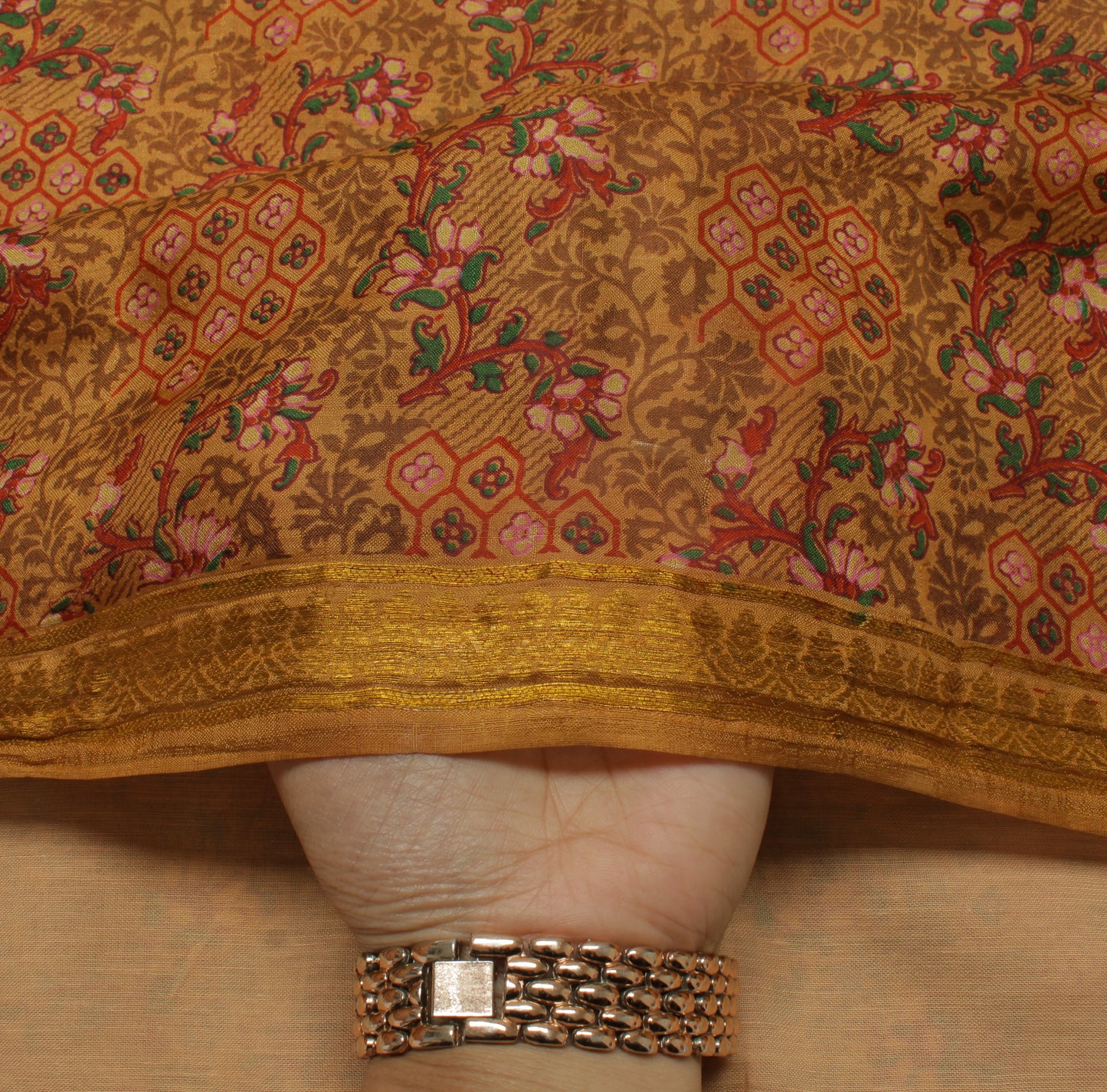 Sushila Vintage Brown Saree 100% Pure Silk Printed Floral Soft Sari Craft Fabric