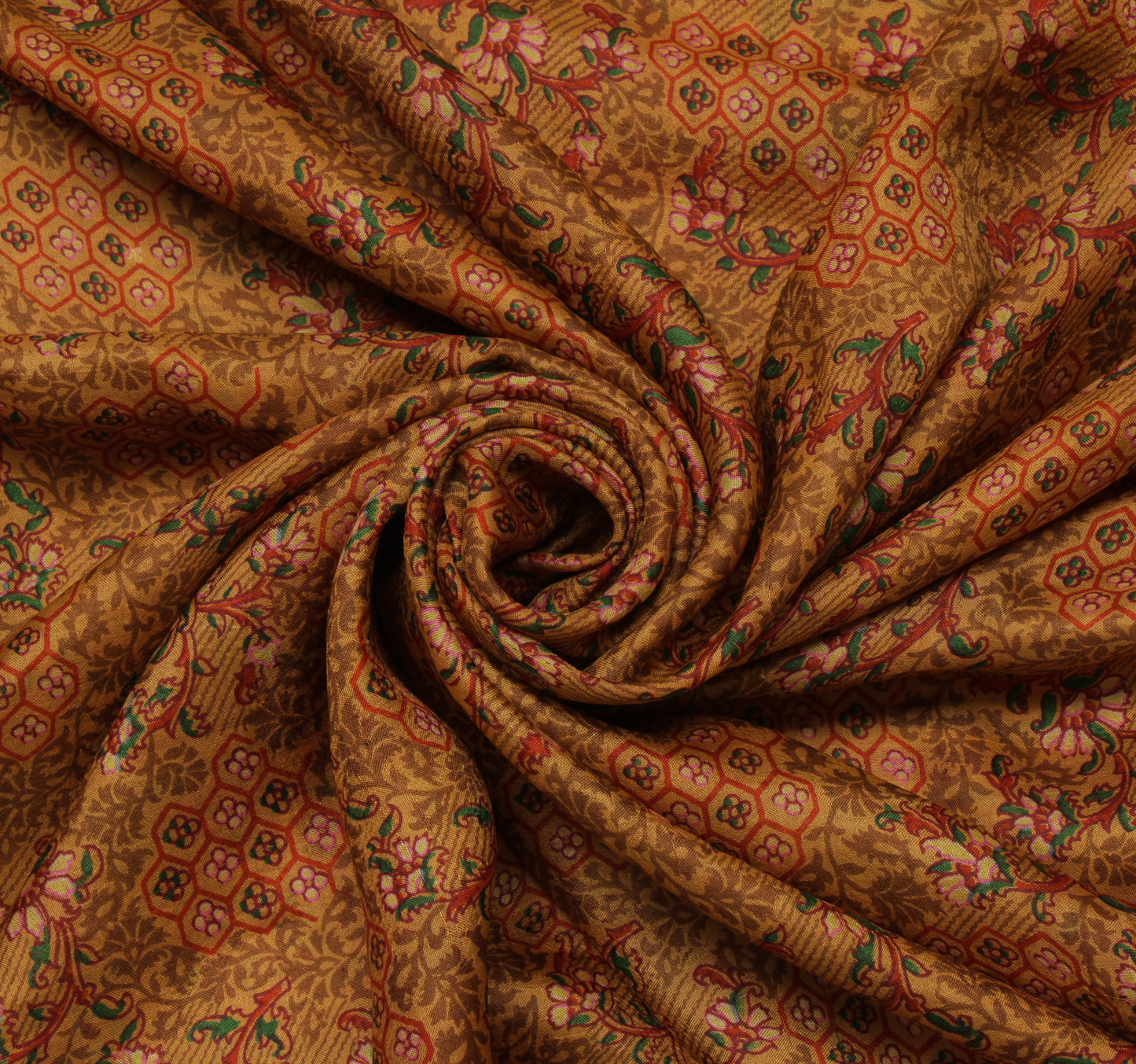 Sushila Vintage Brown Saree 100% Pure Silk Printed Floral Soft Sari Craft Fabric