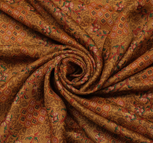Sushila Vintage Brown Saree 100% Pure Silk Printed Floral Soft Sari Craft Fabric