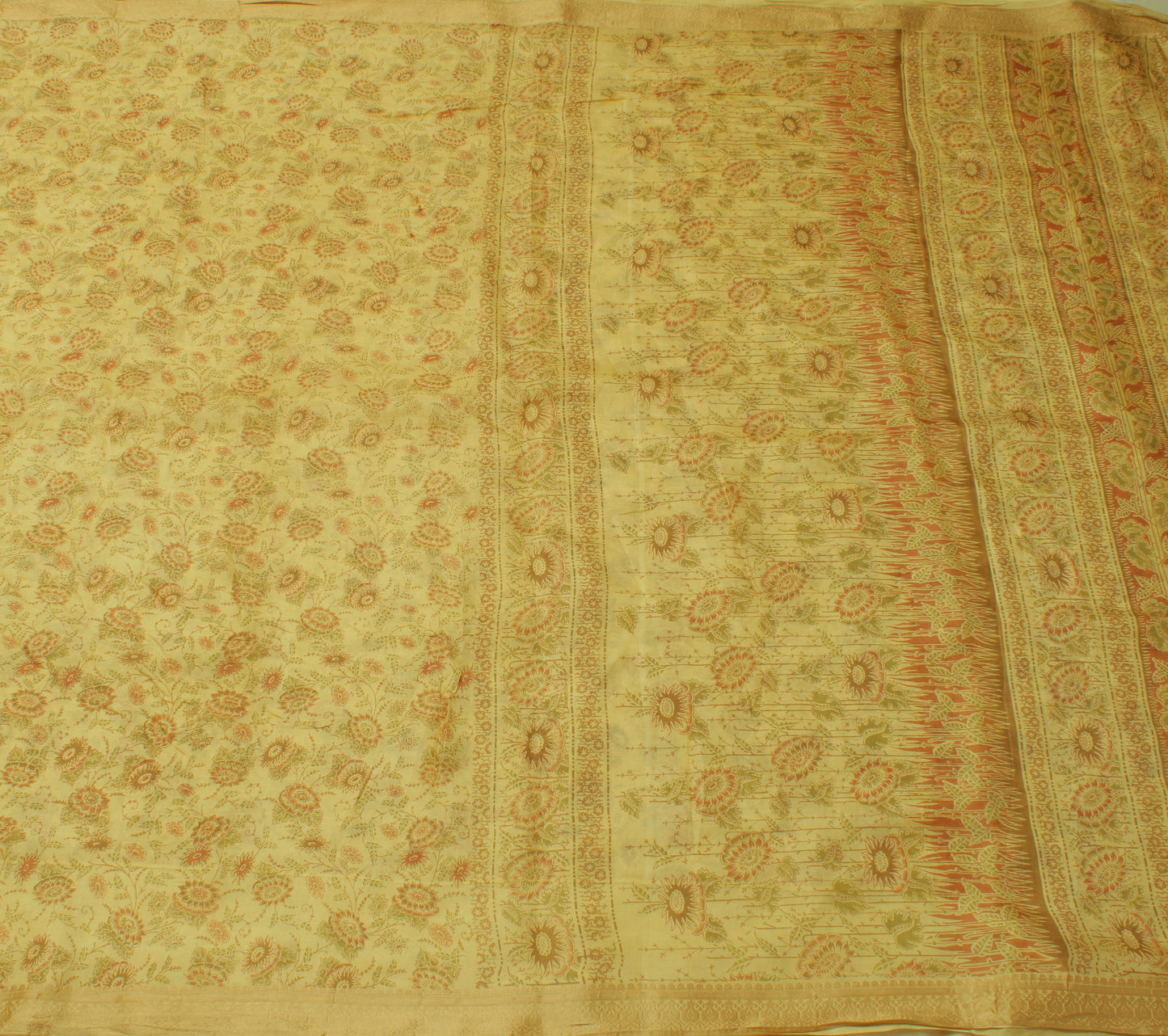 Sushila Vintage Cream Saree 100% Pure Silk Printed Floral Soft Sari Craft Fabric