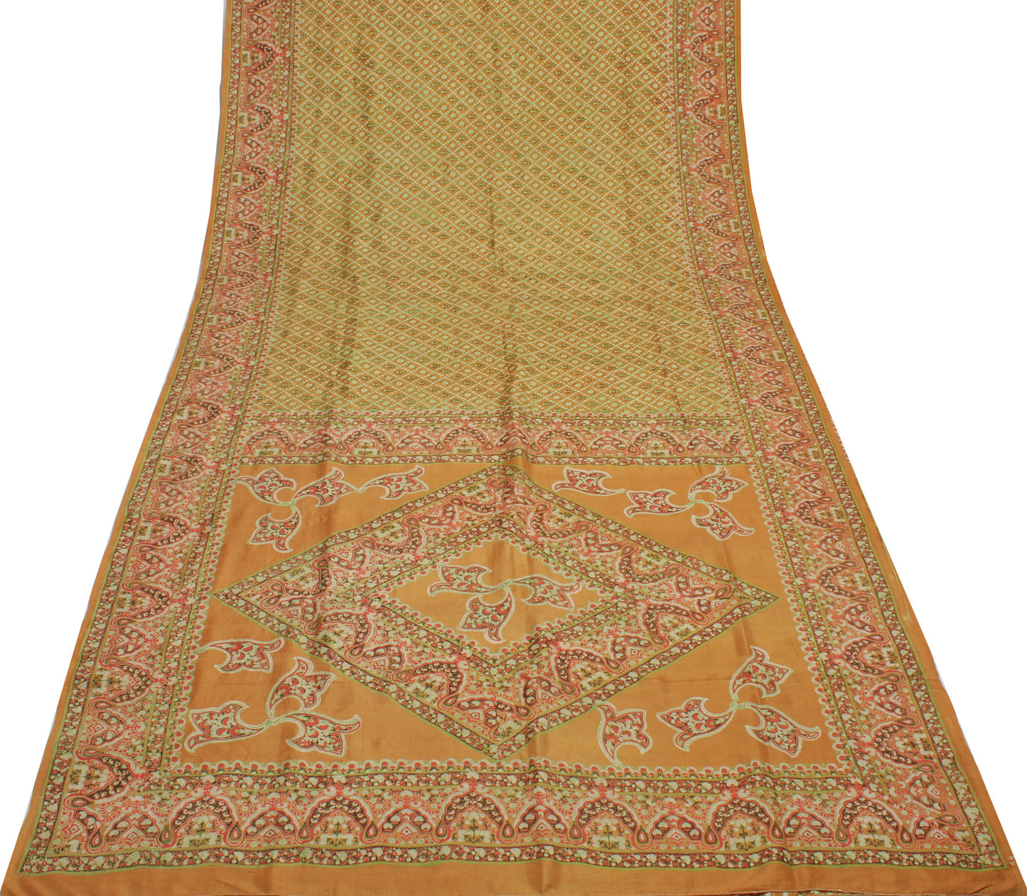 Sushila Vintage Mustard Saree 100% Pure Silk Printed Floral Soft Craft Fabric