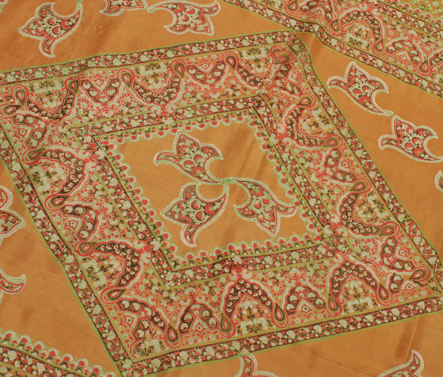 Sushila Vintage Mustard Saree 100% Pure Silk Printed Floral Soft Craft Fabric