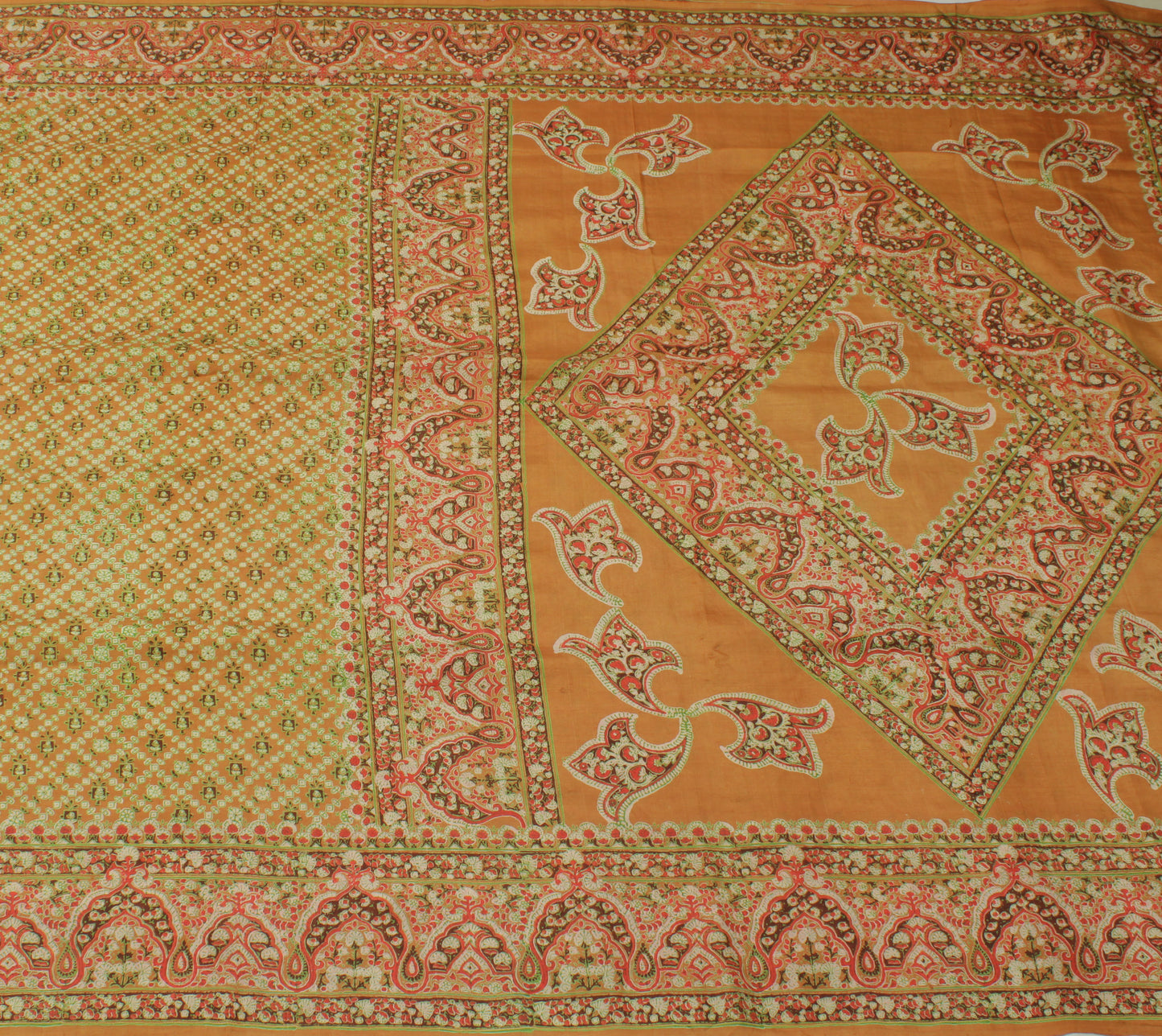 Sushila Vintage Mustard Saree 100% Pure Silk Printed Floral Soft Craft Fabric