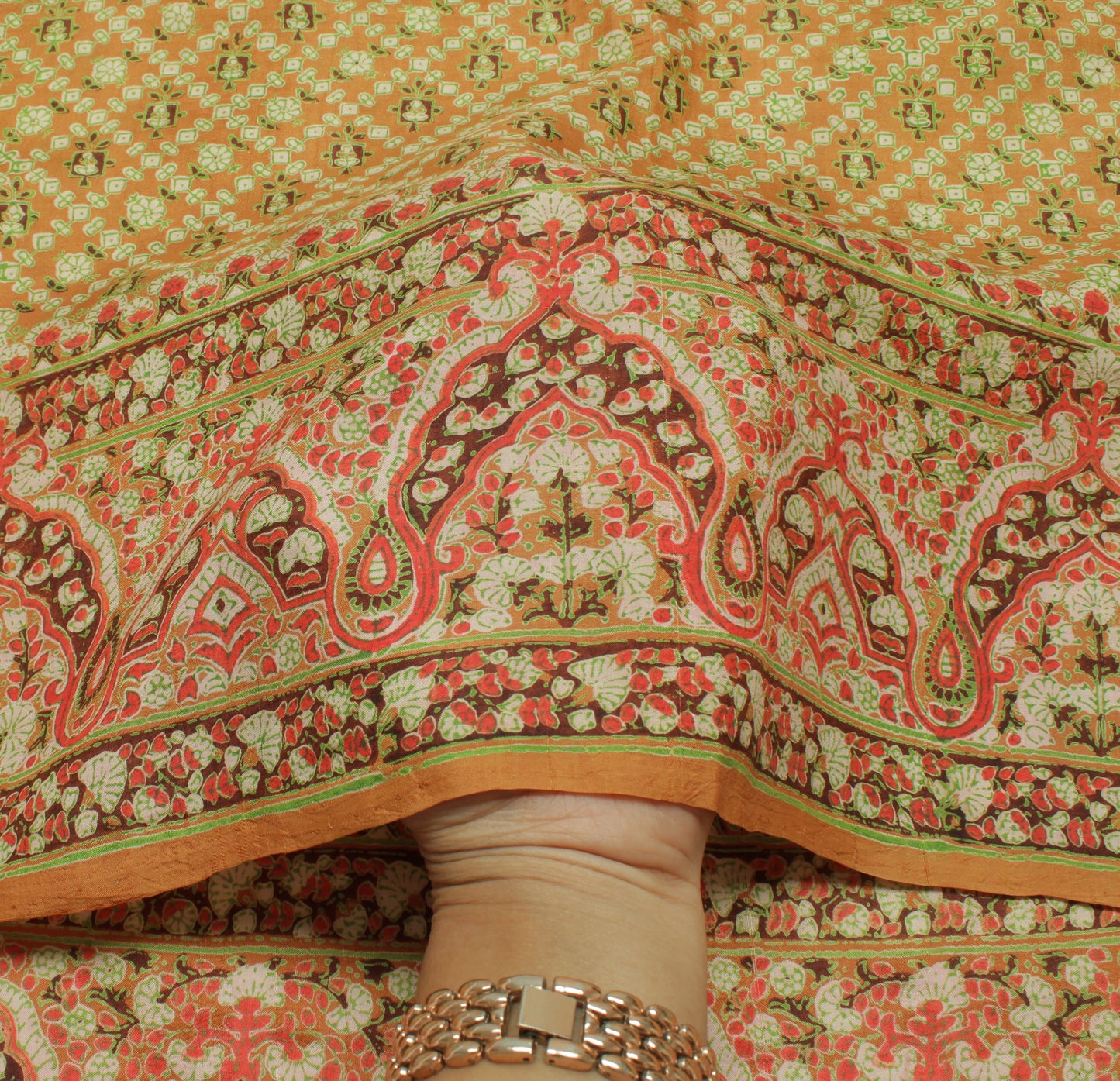 Sushila Vintage Mustard Saree 100% Pure Silk Printed Floral Soft Craft Fabric