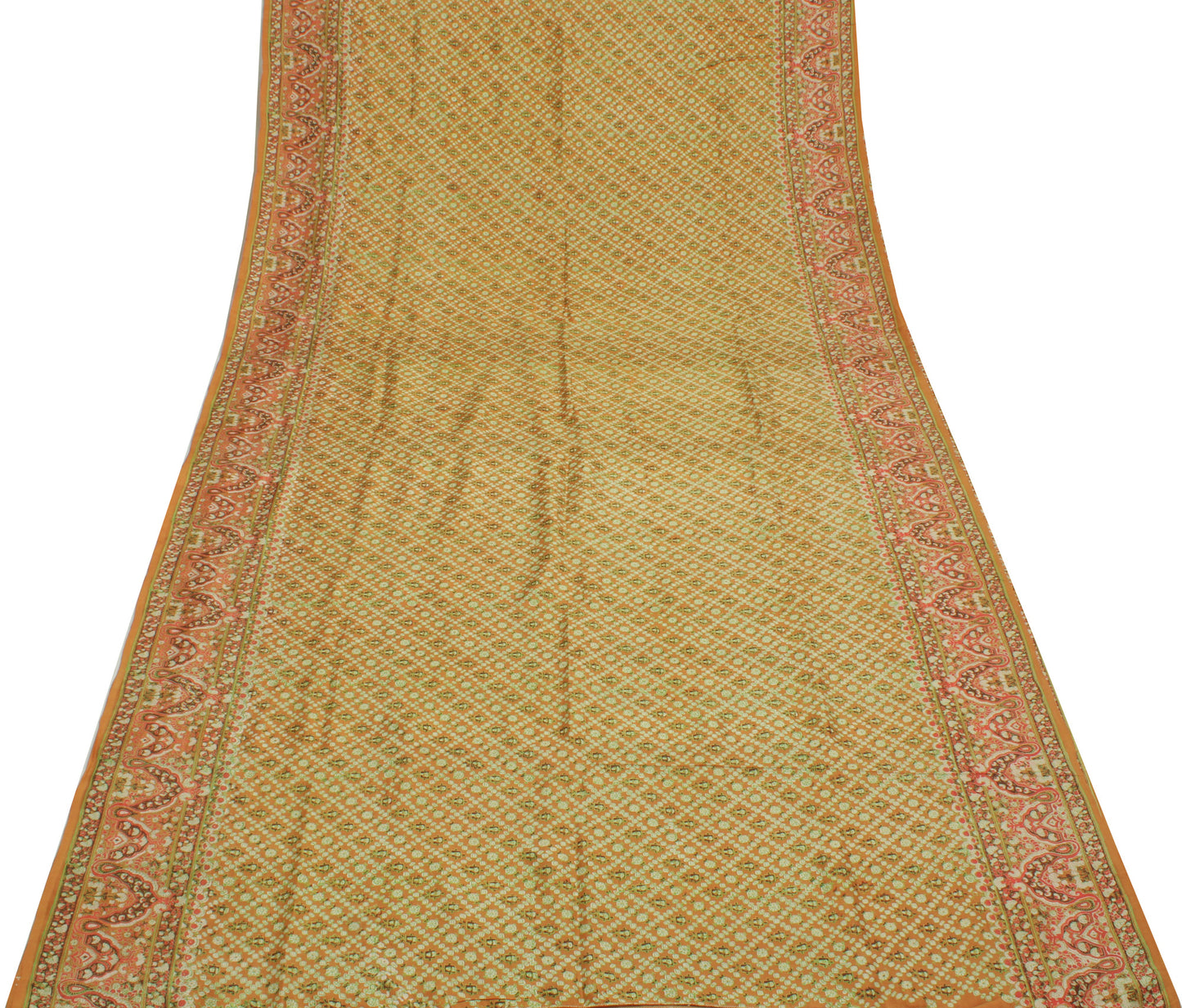 Sushila Vintage Mustard Saree 100% Pure Silk Printed Floral Soft Craft Fabric