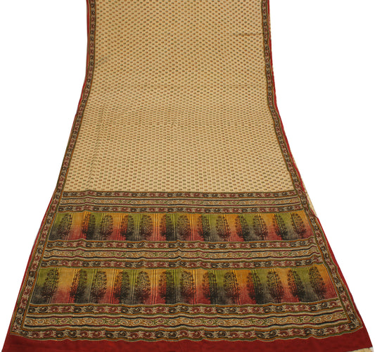 Sushila Vintage Cream Saree 100% Pure Georgette Silk Printed Floral Craft Fabric
