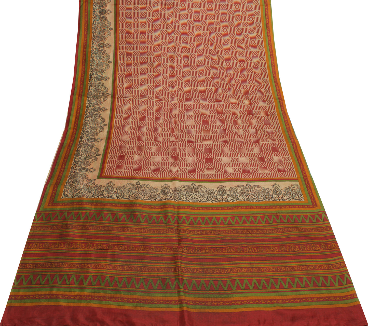 Sushila Vintage Cream Scrap Saree 100% Pure Silk Printed Abstract Sari Fabric