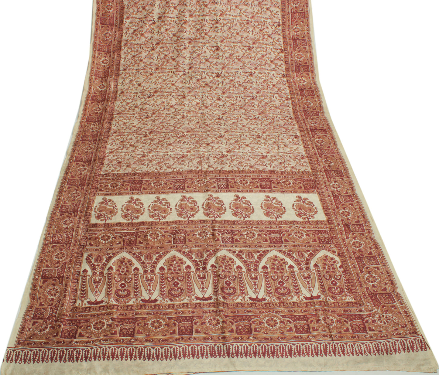 Sushila Vintage Cream Saree 100% Pure Silk Printed Floral Soft Craft Fabric