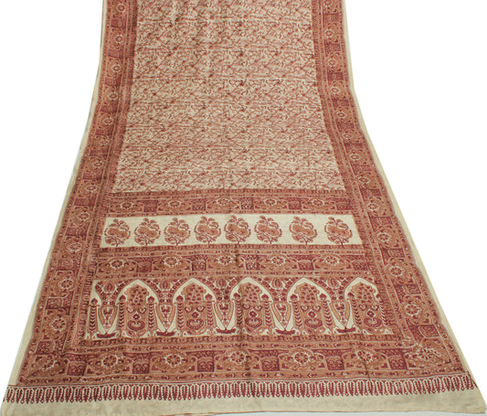 Sushila Vintage Cream Saree 100% Pure Silk Printed Floral Soft Craft Fabric