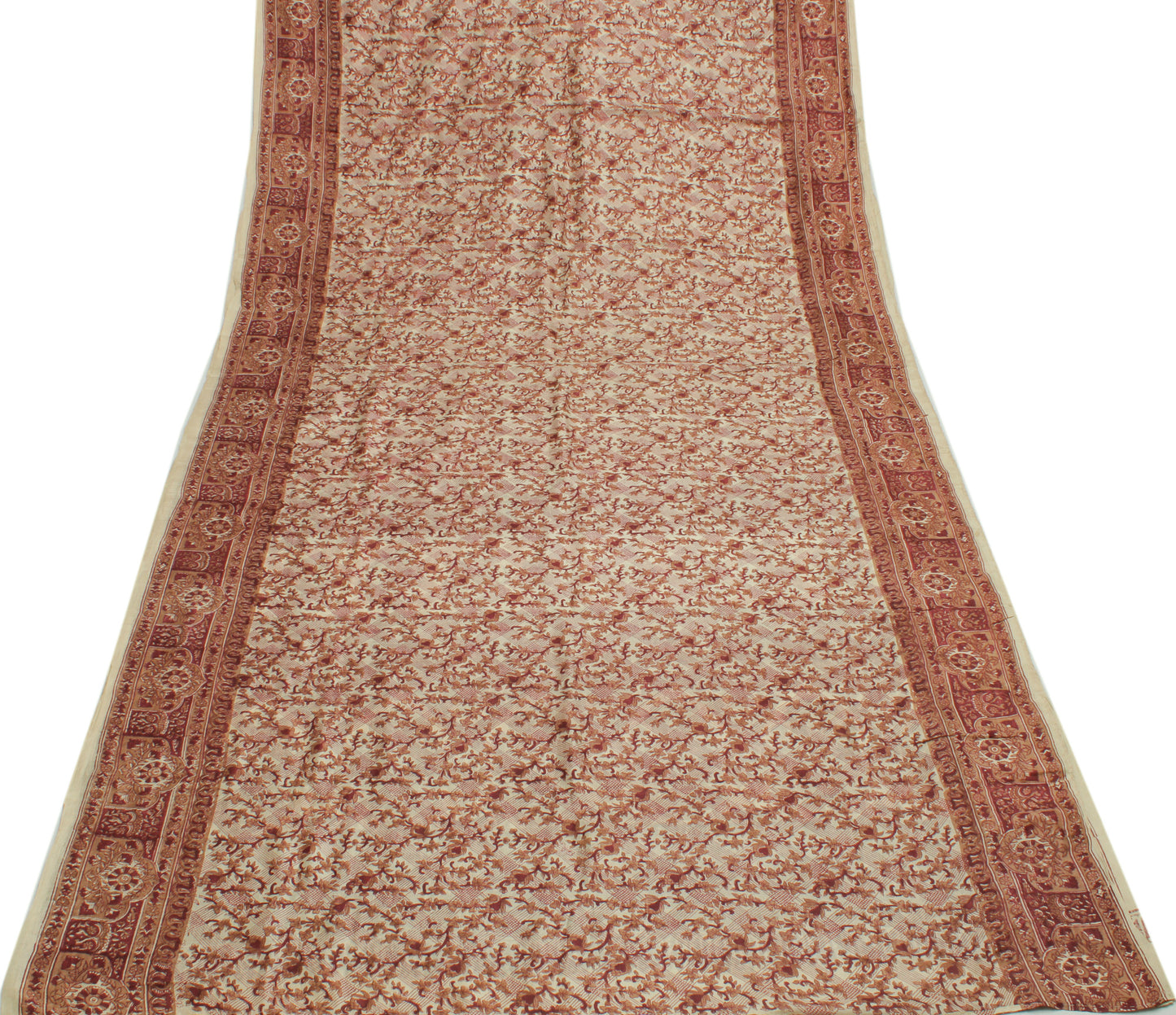 Sushila Vintage Cream Saree 100% Pure Silk Printed Floral Soft Craft Fabric