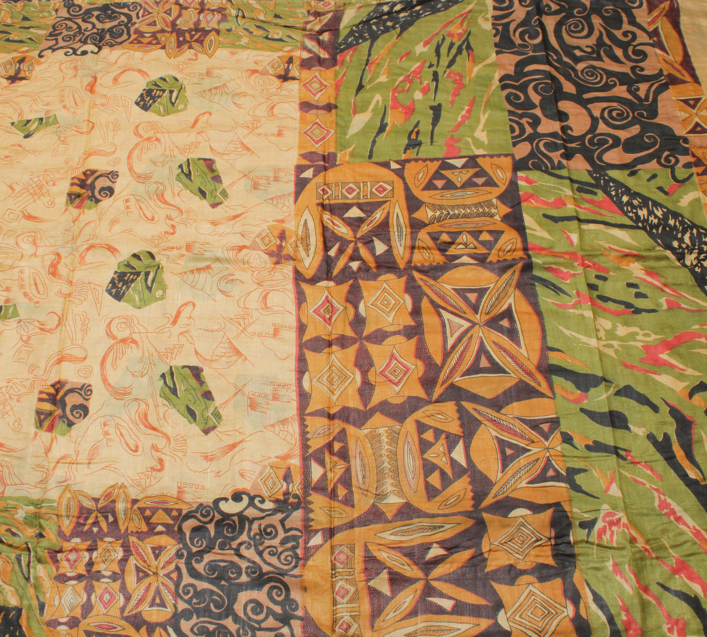 Sushila Vintage Cream Saree 100% Pure Silk Printed Abstract Soft Craft Fabric