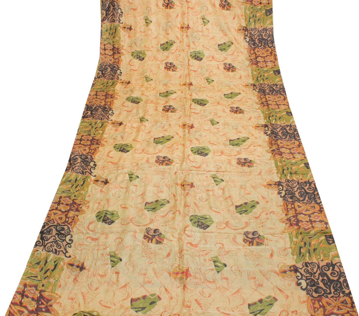 Sushila Vintage Cream Saree 100% Pure Silk Printed Abstract Soft Craft Fabric