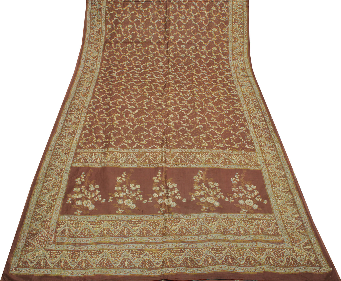 Sushila Vintage Brown Saree 100% Pure Silk Printed Floral Soft Craft Fabric