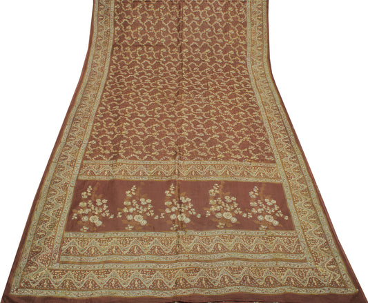 Sushila Vintage Brown Saree 100% Pure Silk Printed Floral Soft Craft Fabric