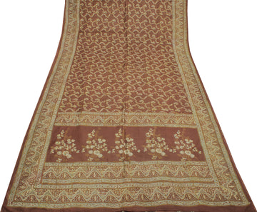 Sushila Vintage Brown Saree 100% Pure Silk Printed Floral Soft Craft Fabric