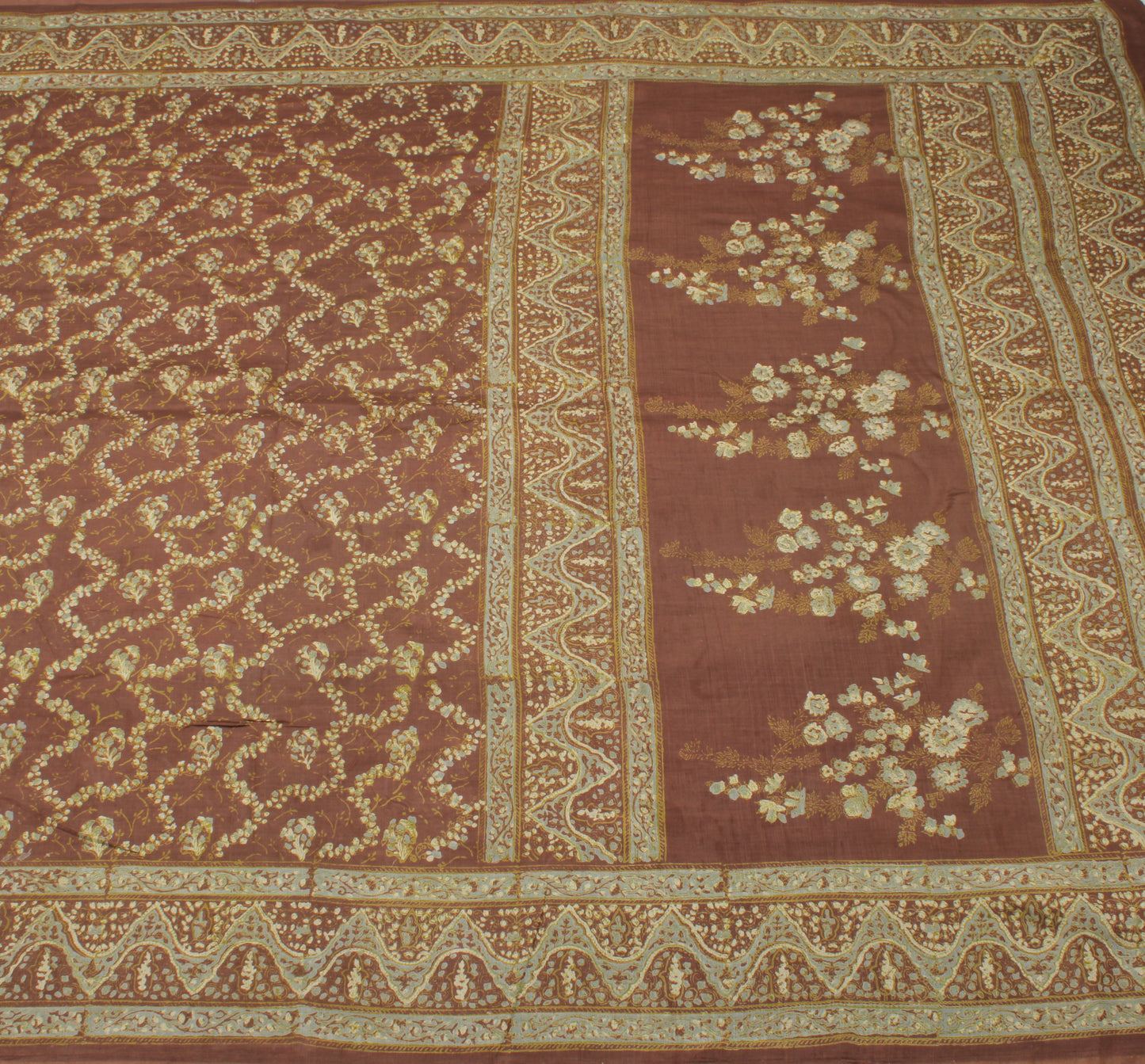 Sushila Vintage Brown Saree 100% Pure Silk Printed Floral Soft Craft Fabric