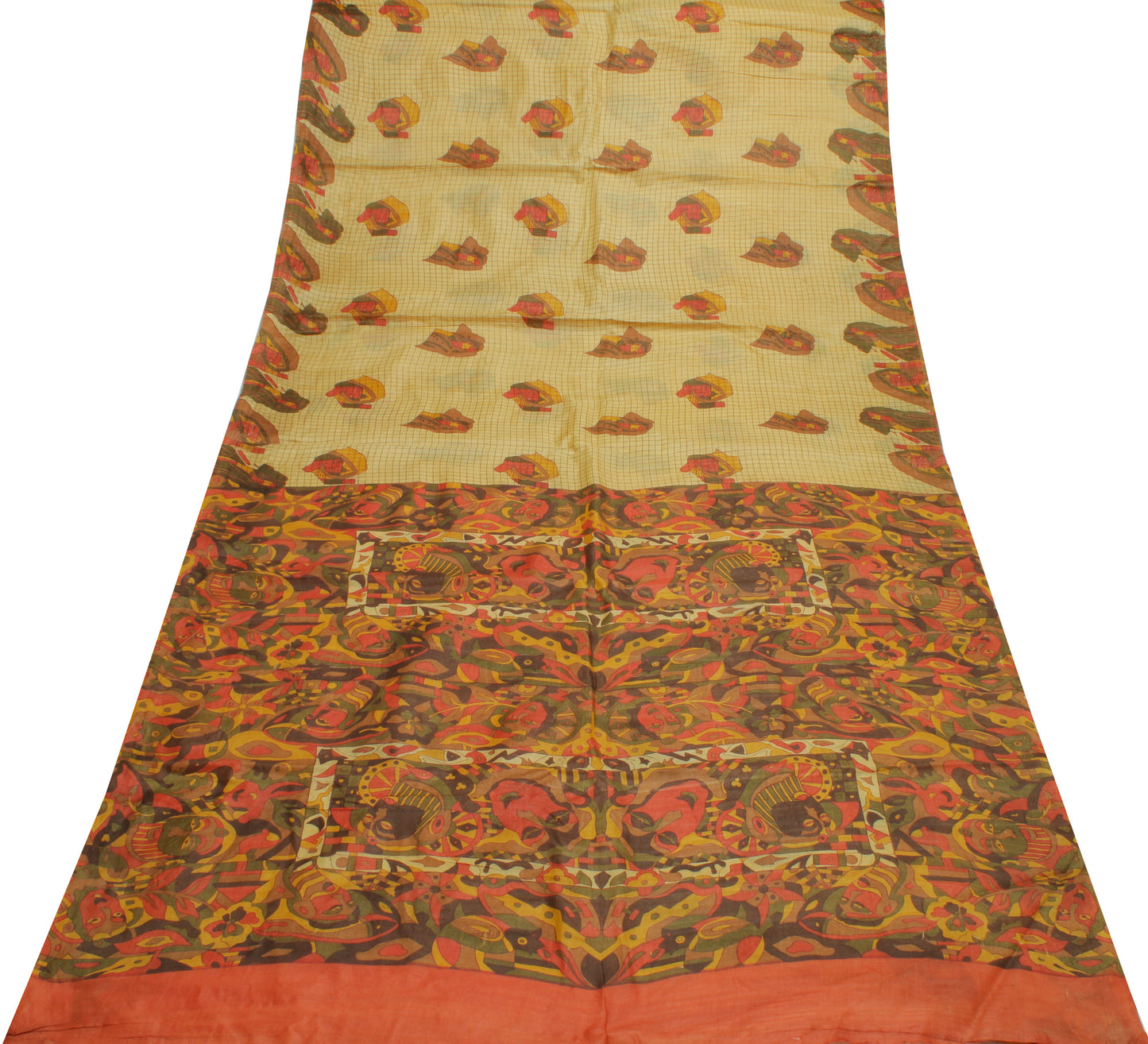 Sushila Vintage Cream Indian Saree 100% Pure Silk Printed 5 Yard Craft Fabric
