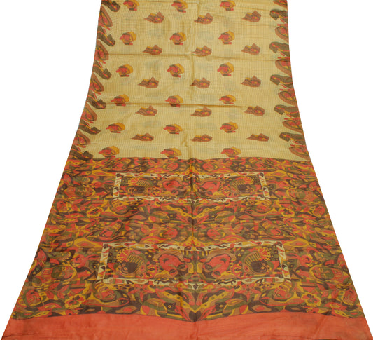Sushila Vintage Cream Indian Saree 100% Pure Silk Printed 5 Yard Craft Fabric
