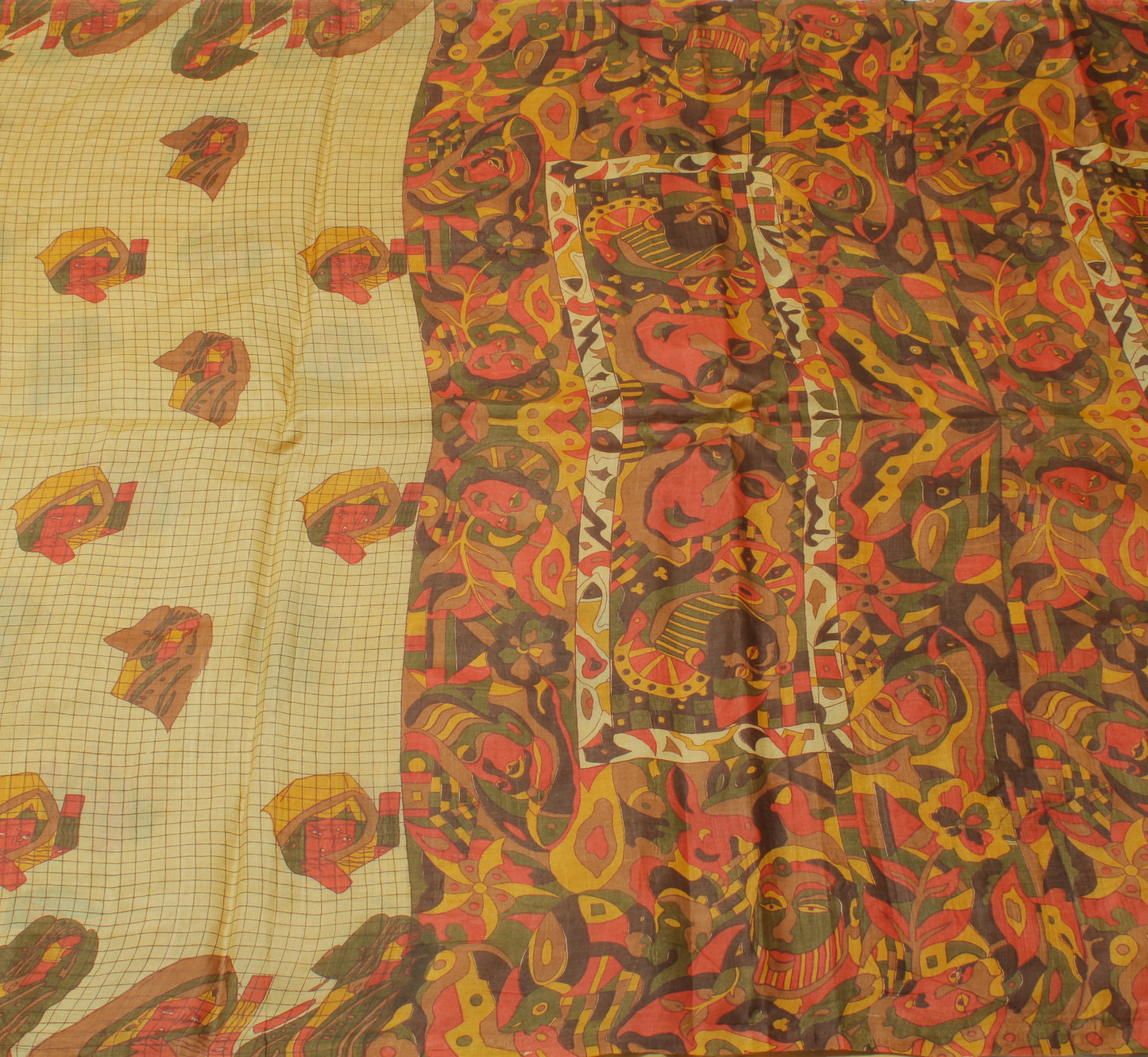 Sushila Vintage Cream Indian Saree 100% Pure Silk Printed 5 Yard Craft Fabric
