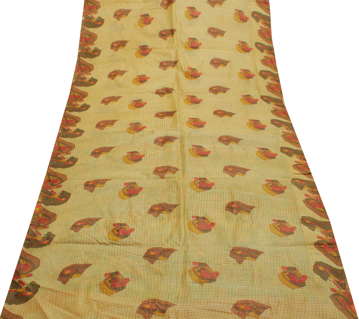 Sushila Vintage Cream Indian Saree 100% Pure Silk Printed 5 Yard Craft Fabric