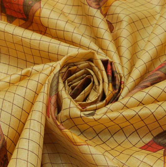 Sushila Vintage Cream Indian Saree 100% Pure Silk Printed 5 Yard Craft Fabric