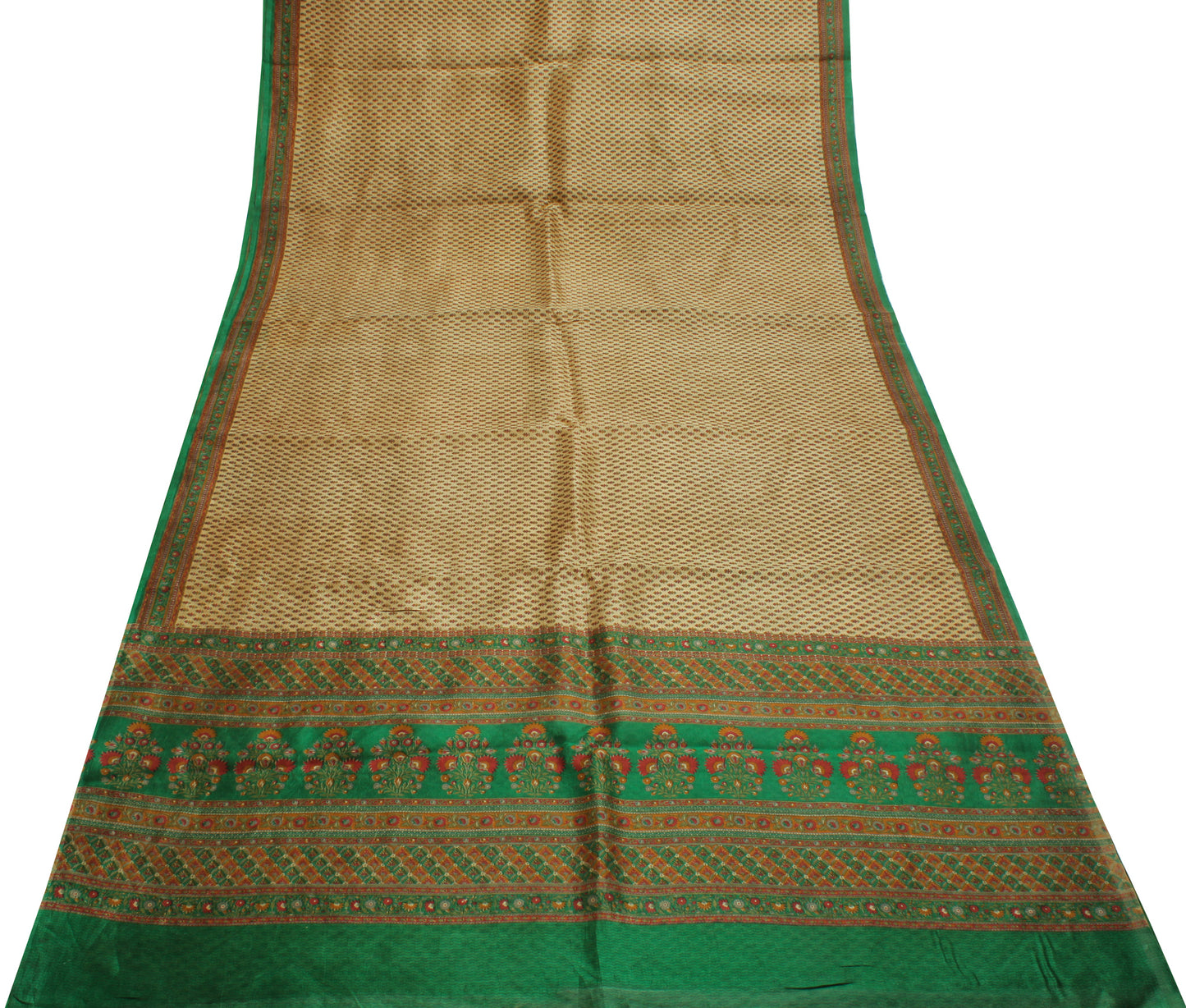Sushila Vintage Cream Saree 100% Pure Silk Printed Floral Soft Craft Fabric