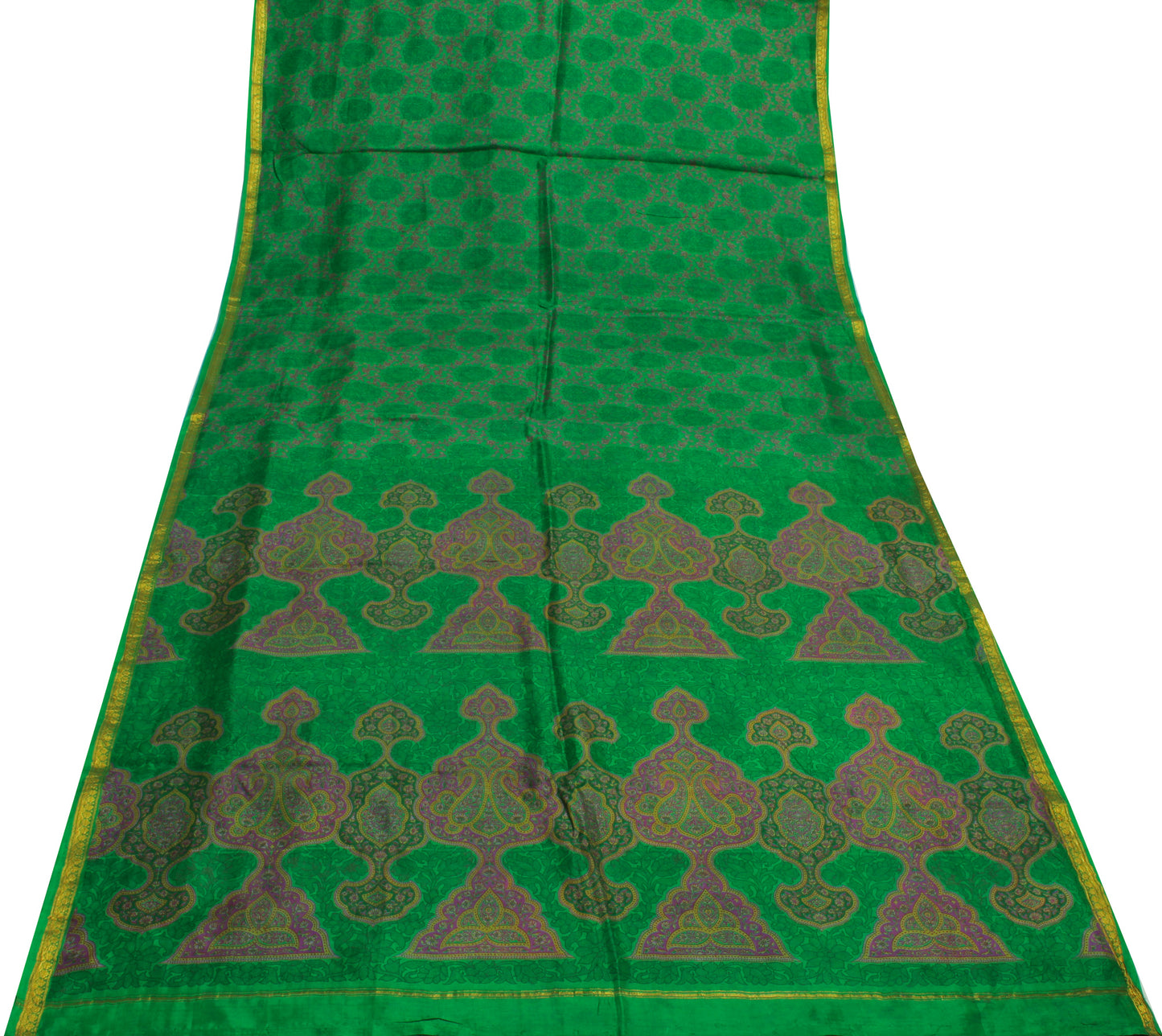 Sushila Vintage Green Saree 100% Pure Silk Printed Floral Soft Craft 5 YD Fabric