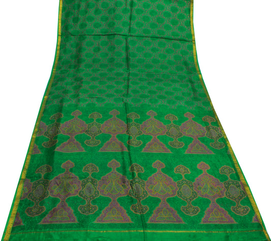 Sushila Vintage Green Saree 100% Pure Silk Printed Floral Soft Craft 5 YD Fabric