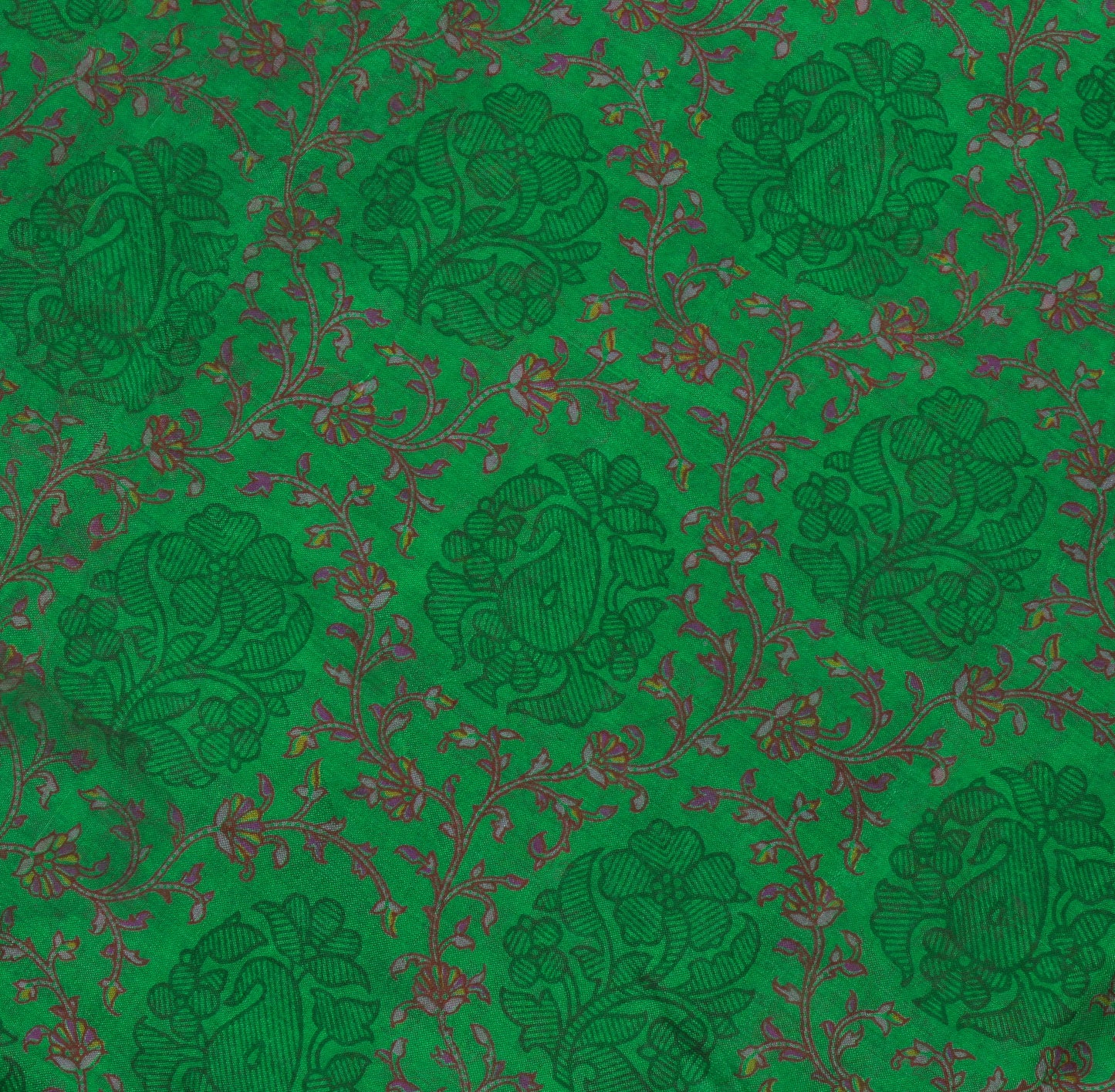 Sushila Vintage Green Saree 100% Pure Silk Printed Floral Soft Craft 5 YD Fabric
