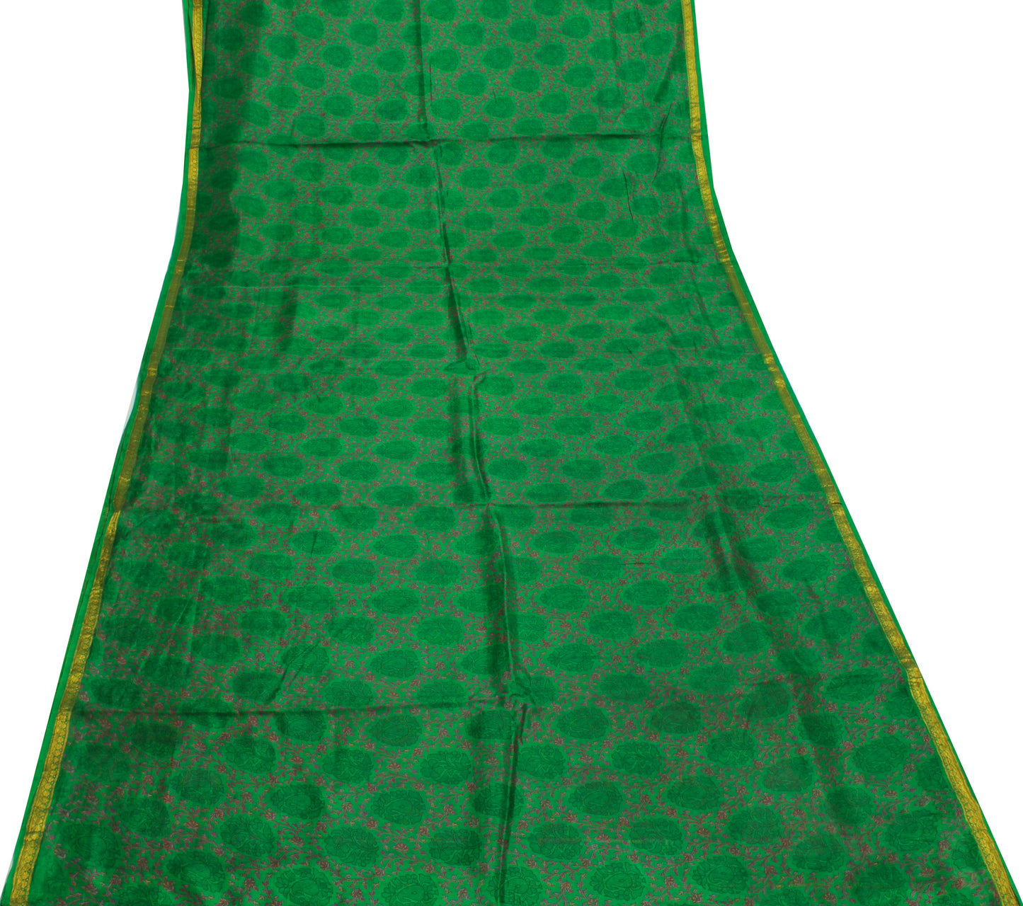 Sushila Vintage Green Saree 100% Pure Silk Printed Floral Soft Craft 5 YD Fabric
