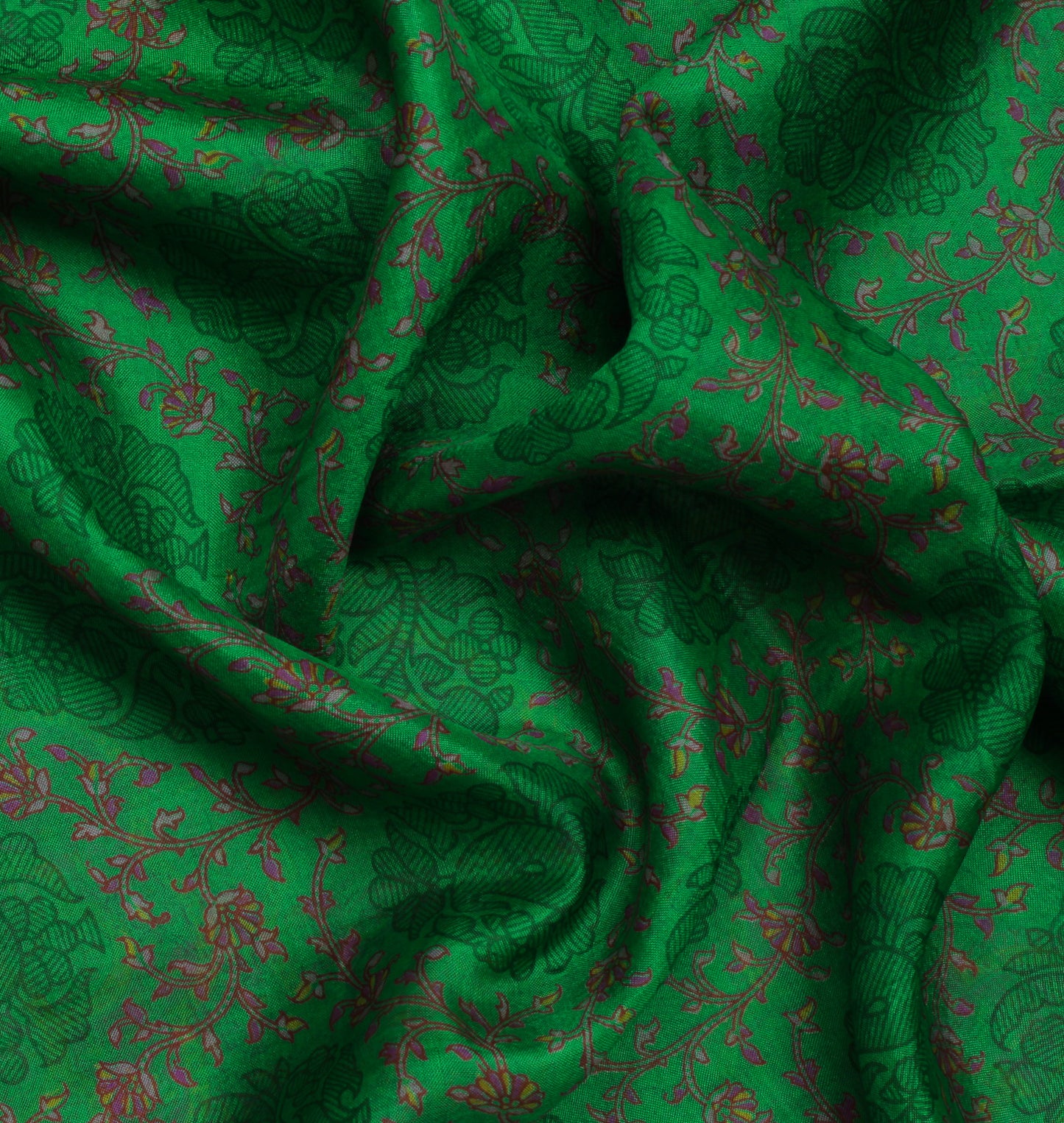 Sushila Vintage Green Saree 100% Pure Silk Printed Floral Soft Craft 5 YD Fabric