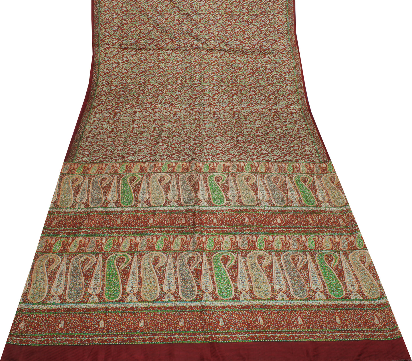Sushila Vintage Brown Saree 100% Pure Silk Printed Floral Soft Craft 5YD Fabric