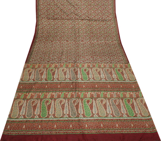 Sushila Vintage Brown Saree 100% Pure Silk Printed Floral Soft Craft 5YD Fabric