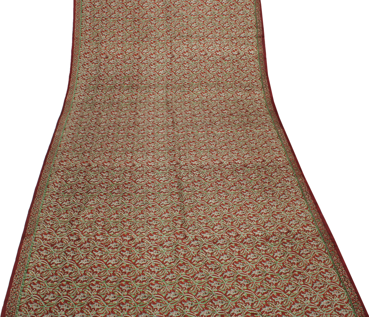 Sushila Vintage Brown Saree 100% Pure Silk Printed Floral Soft Craft 5YD Fabric