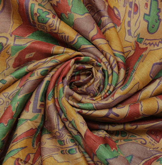 Sushila Vintage Light Brown Saree 100% Pure Silk Printed Soft 5 YD Craft Fabric