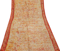 Sushila Vintage Cream Saree 100% Pure Silk Batik Printed Soft Craft Sari Fabric