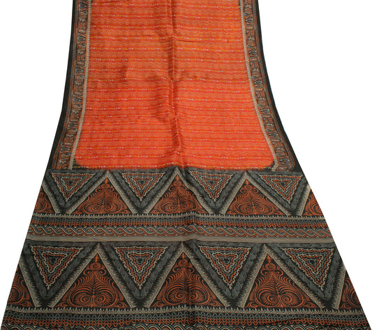 Sushila Vintage Orange Indian Saree 100% Pure Silk Printed Craft Sari Fabric