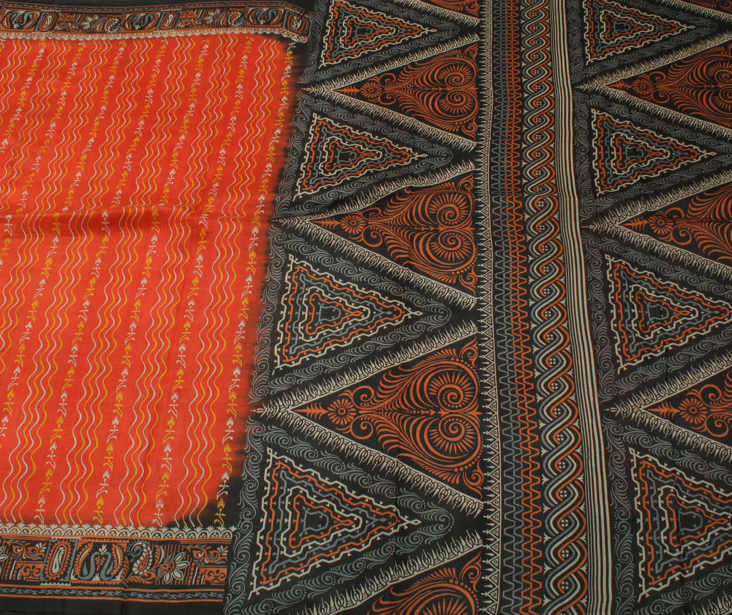 Sushila Vintage Orange Indian Saree 100% Pure Silk Printed Craft Sari Fabric