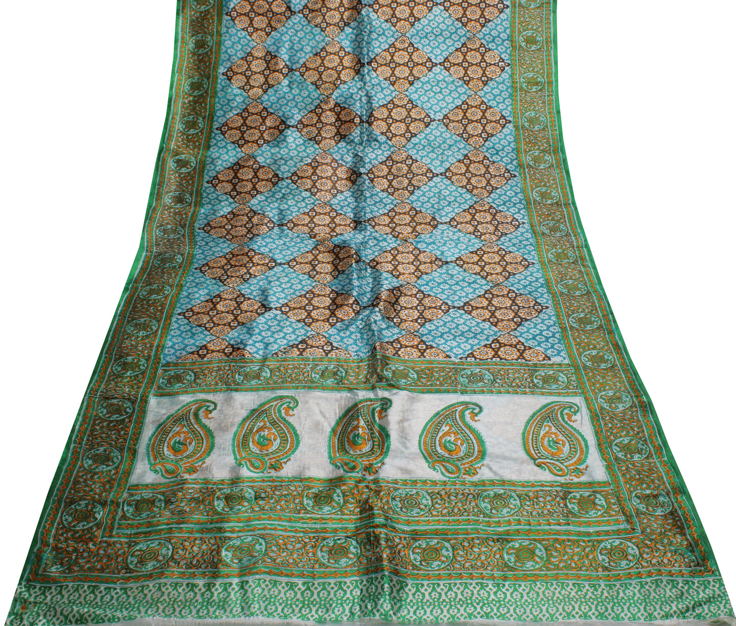 Sushila Vintage Blue Indian Saree Blend Silk Printed Floral Soft Craft Fabric
