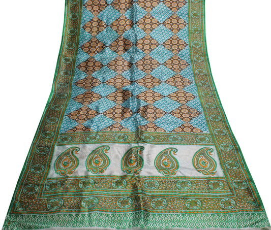 Sushila Vintage Blue Indian Saree Blend Silk Printed Floral Soft Craft Fabric