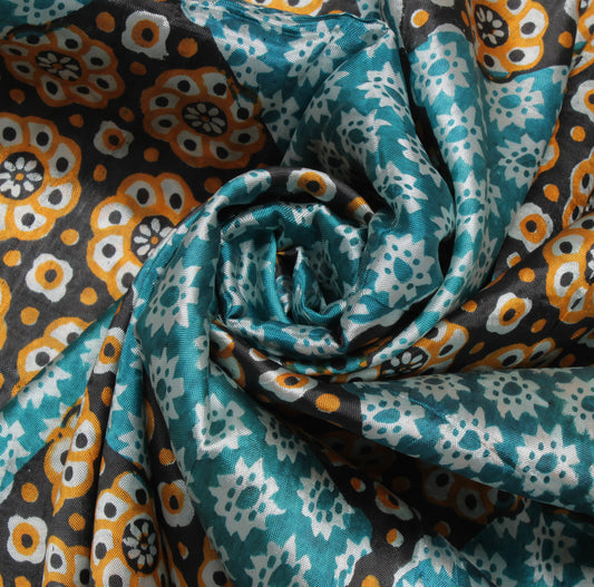 Sushila Vintage Blue Indian Saree Blend Silk Printed Floral Soft Craft Fabric