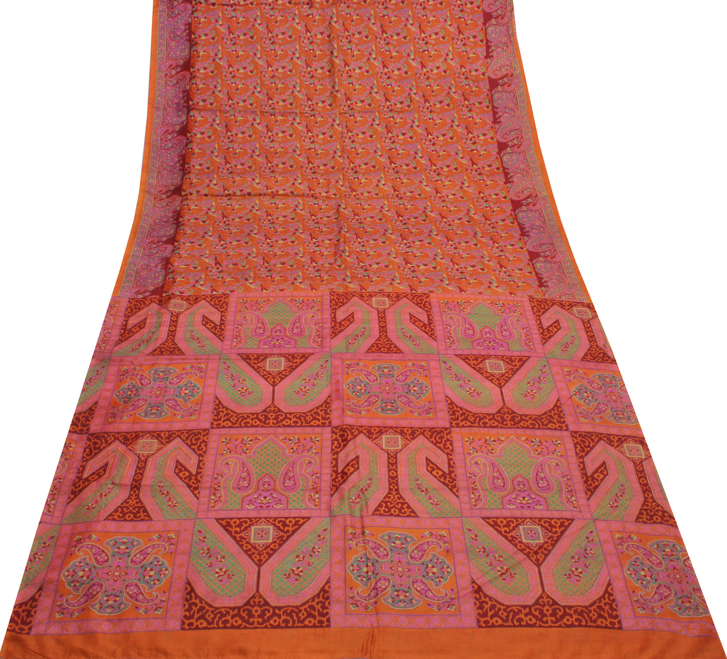Sushila Vintage Orange Indian Saree 100% Pure Silk Printed Soft Craft Fabric