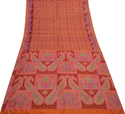 Sushila Vintage Orange Indian Saree 100% Pure Silk Printed Soft Craft Fabric