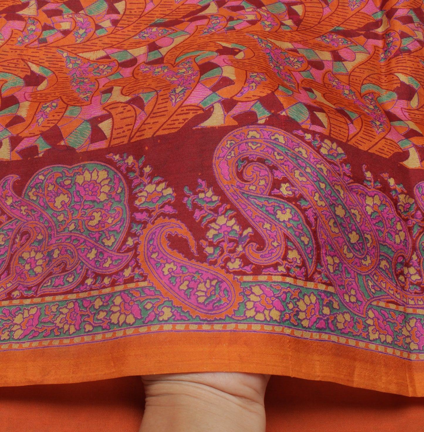Sushila Vintage Orange Indian Saree 100% Pure Silk Printed Soft Craft Fabric