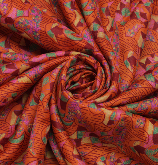 Sushila Vintage Orange Indian Saree 100% Pure Silk Printed Soft Craft Fabric