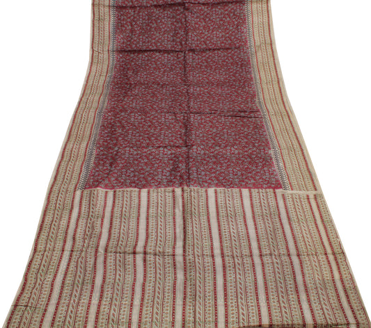Sushila Vintage Maroon Saree 100% Pure Silk Printed Floral Soft Craft Fabric