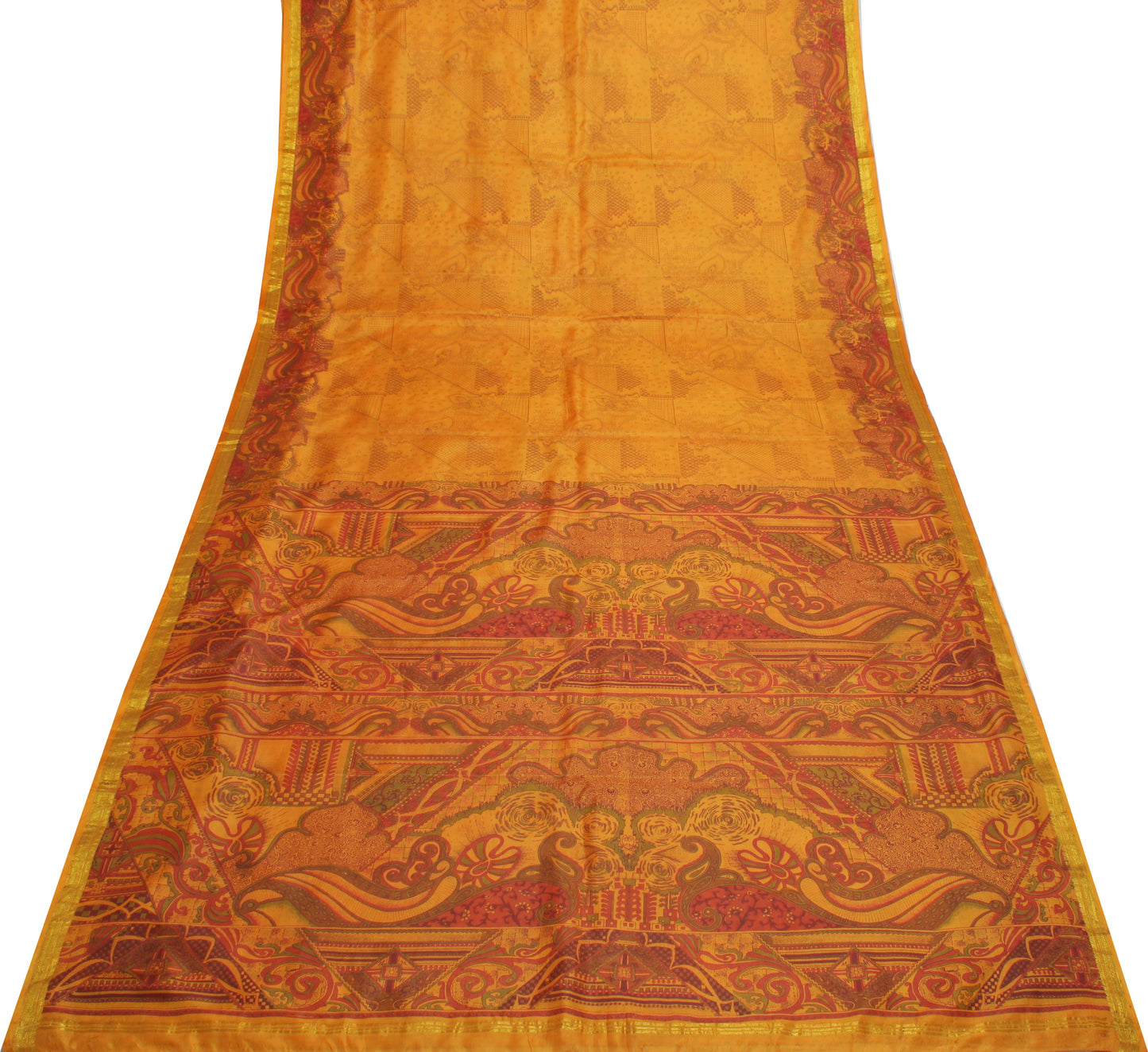 Sushila Vintage Mustard Saree 100% Pure Silk Printed 5 Yard Soft Craft Fabric