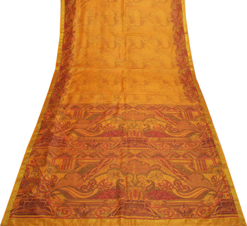 Sushila Vintage Mustard Saree 100% Pure Silk Printed 5 Yard Soft Craft Fabric