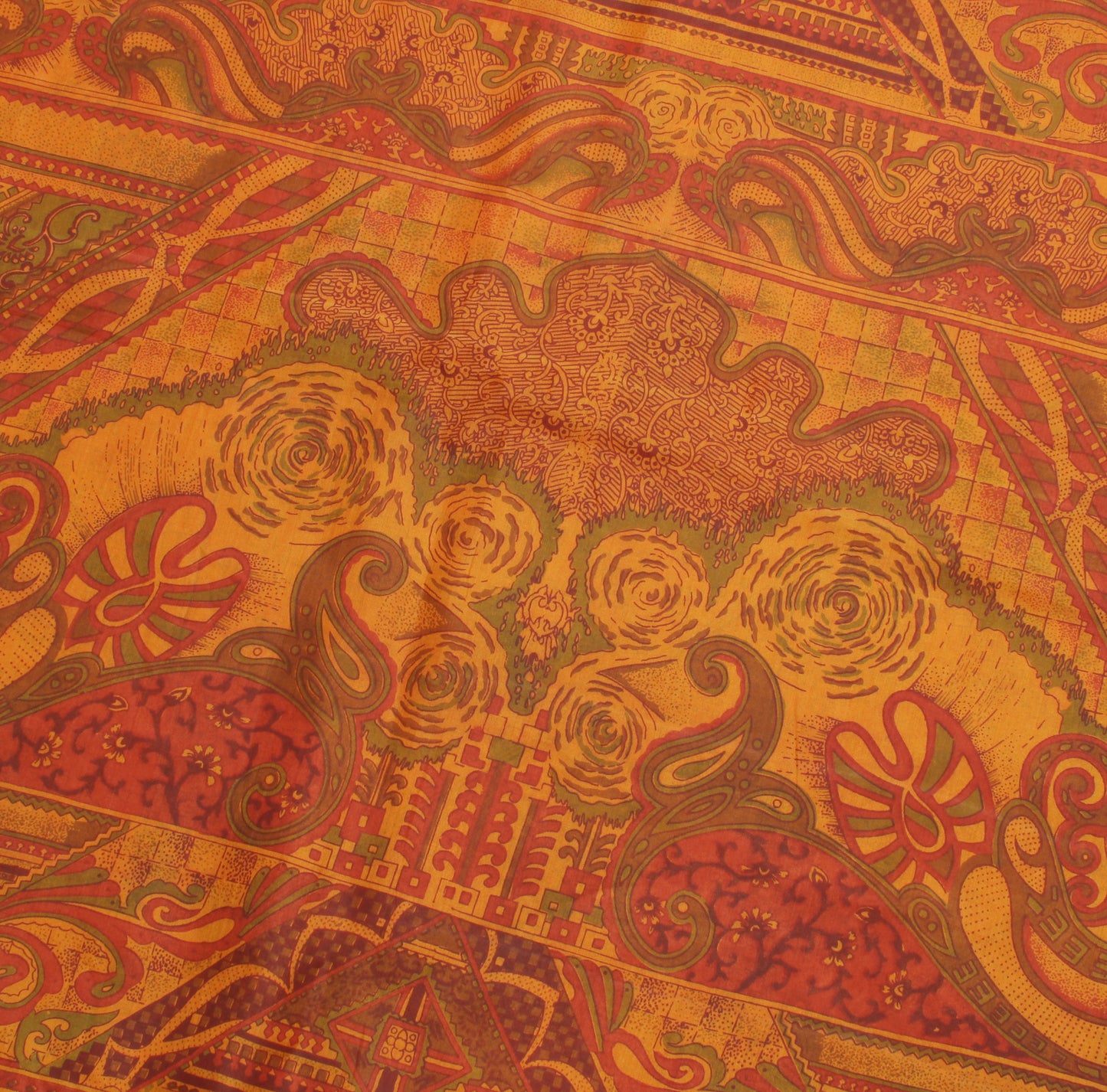 Sushila Vintage Mustard Saree 100% Pure Silk Printed 5 Yard Soft Craft Fabric